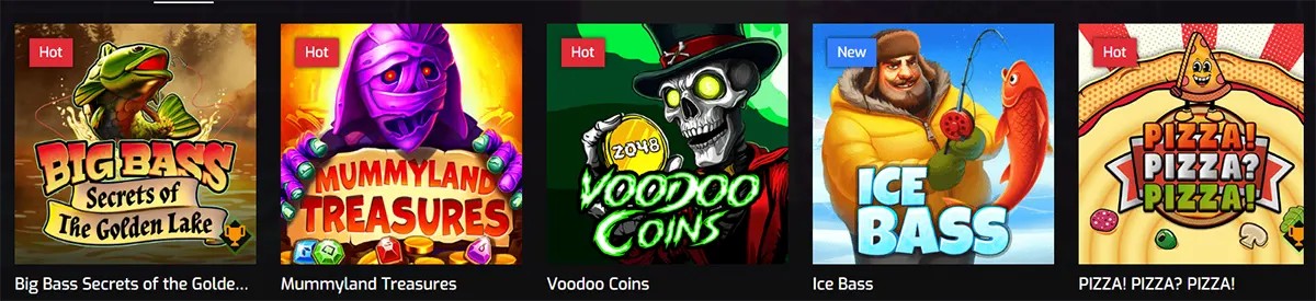 Row of online casino slot game thumbnails displayed in a dark-themed game lobby interface, featuring colorful game tiles with labels such as “Hot” and “New.” The visible titles include Big Bass Secrets of the Golden Lake, Mummyland Treasures, Voodoo Coins, Ice Bass, and Pizza! Pizza! Pizza!, each illustrated with distinct cartoon-style characters and vibrant artwork representing different slot themes (fishing, ancient treasures, voodoo, winter fishing, and pizza).