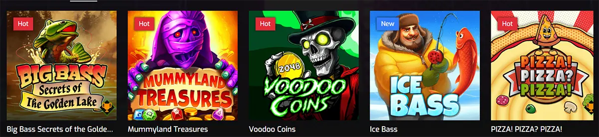 Row of online casino slot game thumbnails displayed in a dark-themed game lobby interface, featuring colorful game tiles with labels such as “Hot” and “New.” The visible titles include Big Bass Secrets of the Golden Lake, Mummyland Treasures, Voodoo Coins, Ice Bass, and Pizza! Pizza! Pizza!, each illustrated with distinct cartoon-style characters and vibrant artwork representing different slot themes (fishing, ancient treasures, voodoo, winter fishing, and pizza).