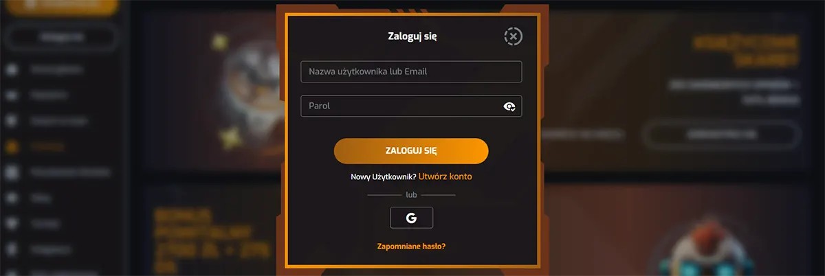 Polish-language casino login popup interface displayed in a dark orange-themed modal window, featuring input fields for username or email (“Nazwa użytkownika lub Email”) and password (“Parol”), a prominent “Zaloguj się” (Log In) button, a link to create a new account (“Utwórz konto”), an option to sign in with Google, and a “Zapomniane hasło?” (Forgot password?) recovery link over a blurred casino website background.