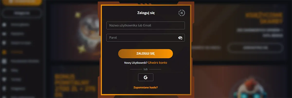 Polish-language casino login popup interface displayed in a dark orange-themed modal window, featuring input fields for username or email (“Nazwa użytkownika lub Email”) and password (“Parol”), a prominent “Zaloguj się” (Log In) button, a link to create a new account (“Utwórz konto”), an option to sign in with Google, and a “Zapomniane hasło?” (Forgot password?) recovery link over a blurred casino website background.